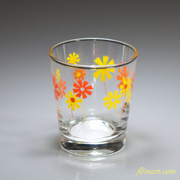 ガラスコップロックグラス花柄オレンジ黄 昭和レトロポップ食器雑貨
