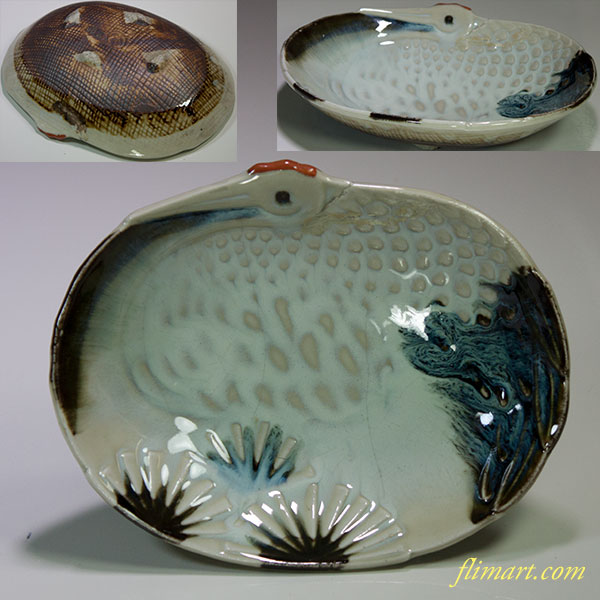 昭和レトロ統制陶器「品61」鶴楕円小鉢