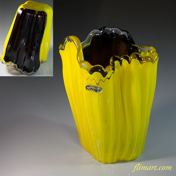 昭和レトロクラウンガラス黄花瓶R5950