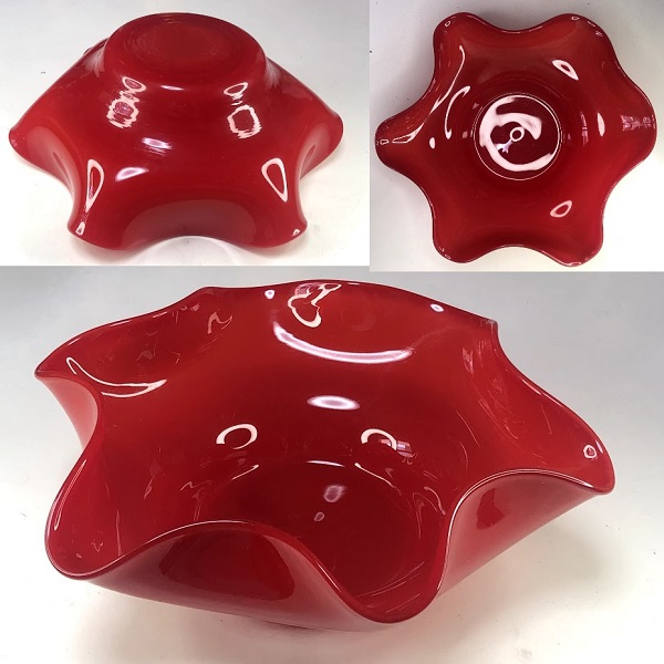 赤ガラス水盤花生R7588